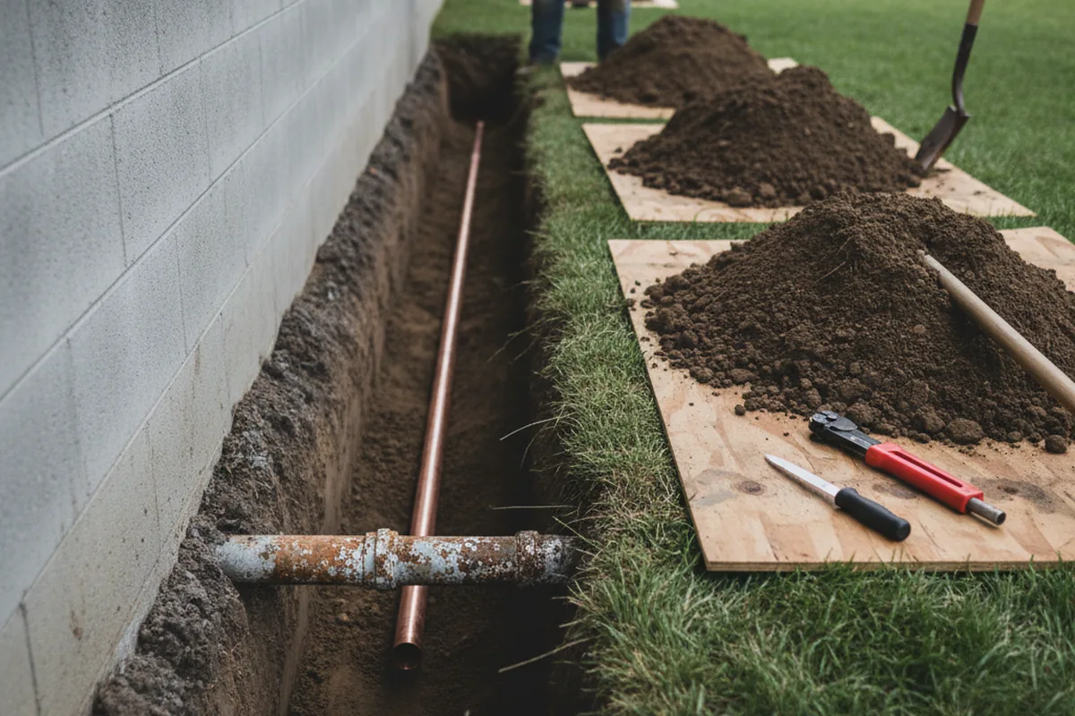 Excavated water line trench during Water Softener Installation in Cardale